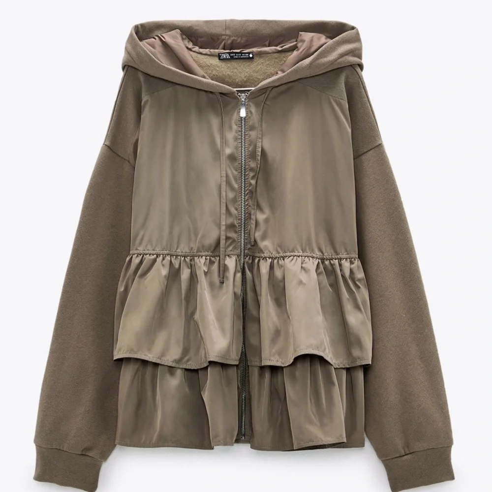 ZARA MIXED MEDIA FRONT ZIPPED OVERSIZED KHAKI HOODED JACKET WITH RUFFLES SZ M